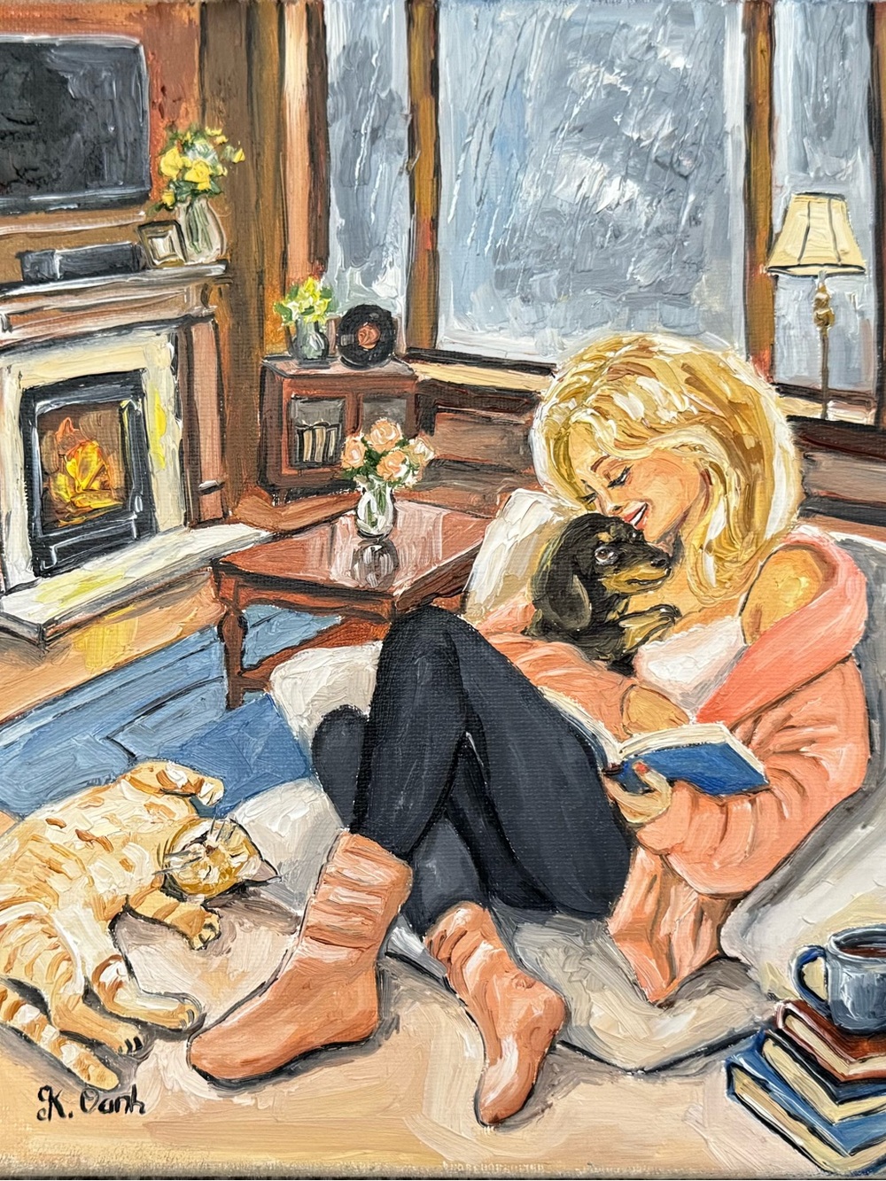 Original oil painting woman her pet dog & cat indoor scene signed 8x10 inches